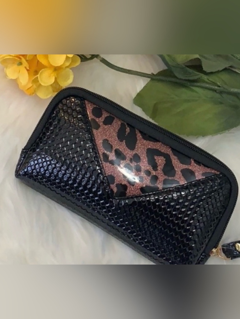 Black & Brown Leopard Glitter Colorblock Wallet NEW! FIRM!!